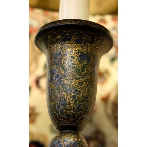 396 - TABLE LAMP, 88cm H, Kashmiri painted, turned candlestick form, with hand painted shade.