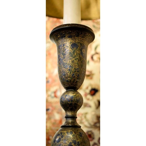 396 - TABLE LAMP, 88cm H, Kashmiri painted, turned candlestick form, with hand painted shade.