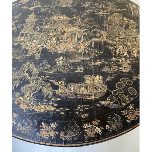 615 - CHINESE EXPORT BIRDCAGE CENTRE TABLE, 91cm W x 78cm H, 19th century circular black lacquered and gil... 