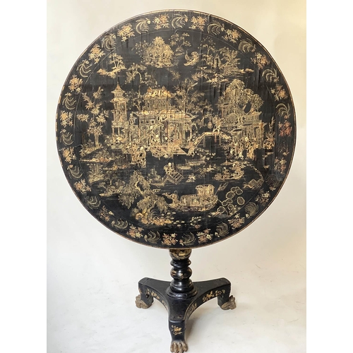 615 - CHINESE EXPORT BIRDCAGE CENTRE TABLE, 91cm W x 78cm H, 19th century circular black lacquered and gil... 