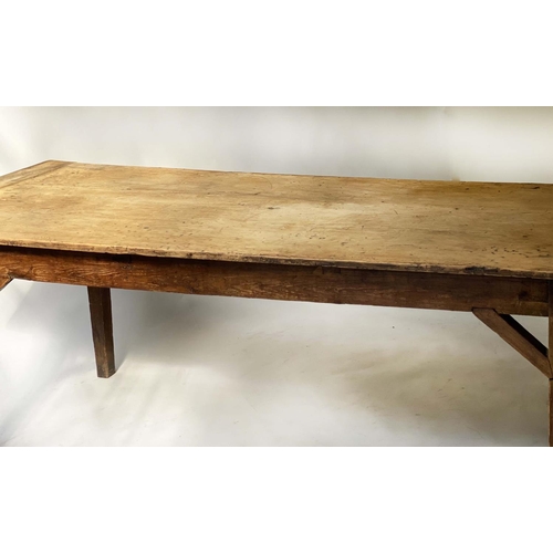 617 - FARMHOUSE TABLE, 225cm x 82cm x 75cm H, 19th century English pine rectangular planked and cleated.