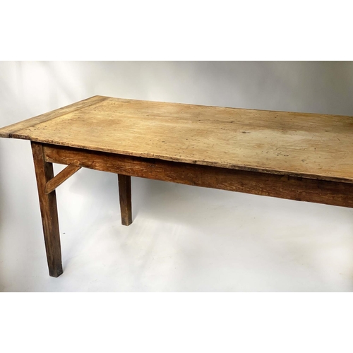 617 - FARMHOUSE TABLE, 225cm x 82cm x 75cm H, 19th century English pine rectangular planked and cleated.