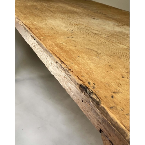 617 - FARMHOUSE TABLE, 225cm x 82cm x 75cm H, 19th century English pine rectangular planked and cleated.