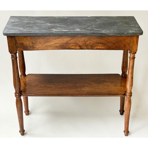 623 - HALL TABLE, 19th century French walnut of shallow form with grey marble and undertier, 100cm x 100cm... 