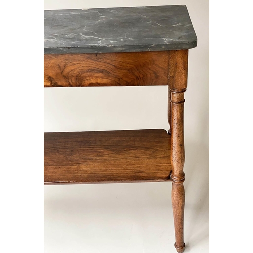 623 - HALL TABLE, 19th century French walnut of shallow form with grey marble and undertier, 100cm x 100cm... 