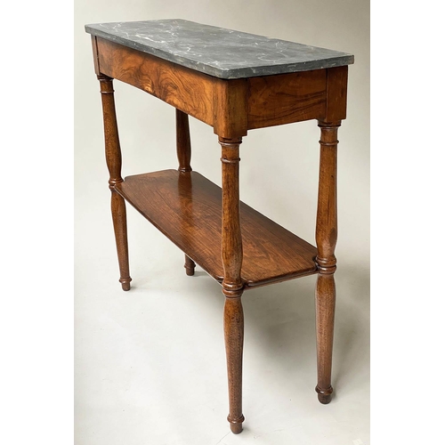 623 - HALL TABLE, 19th century French walnut of shallow form with grey marble and undertier, 100cm x 100cm... 