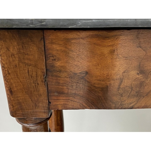 623 - HALL TABLE, 19th century French walnut of shallow form with grey marble and undertier, 100cm x 100cm... 