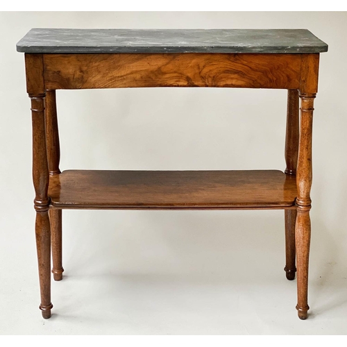 623 - HALL TABLE, 19th century French walnut of shallow form with grey marble and undertier, 100cm x 100cm... 