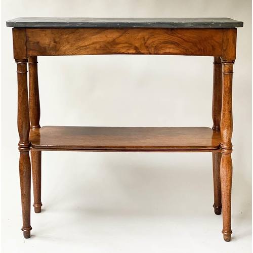 623 - HALL TABLE, 19th century French walnut of shallow form with grey marble and undertier, 100cm x 100cm... 