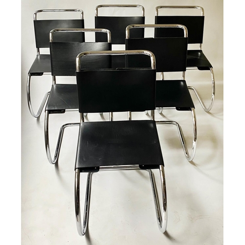 625 - DINING ARMCHAIRS AFTER MIES VAN DE ROHE, a set of six, chrome and black leather, 82cm H. (6)