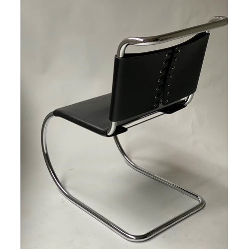 625 - DINING ARMCHAIRS AFTER MIES VAN DE ROHE, a set of six, chrome and black leather, 82cm H. (6)