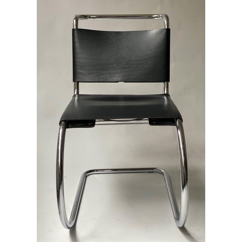 625 - DINING ARMCHAIRS AFTER MIES VAN DE ROHE, a set of six, chrome and black leather, 82cm H. (6)