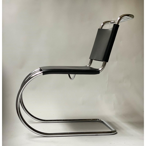 625 - DINING ARMCHAIRS AFTER MIES VAN DE ROHE, a set of six, chrome and black leather, 82cm H. (6)