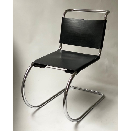 625 - DINING ARMCHAIRS AFTER MIES VAN DE ROHE, a set of six, chrome and black leather, 82cm H. (6)