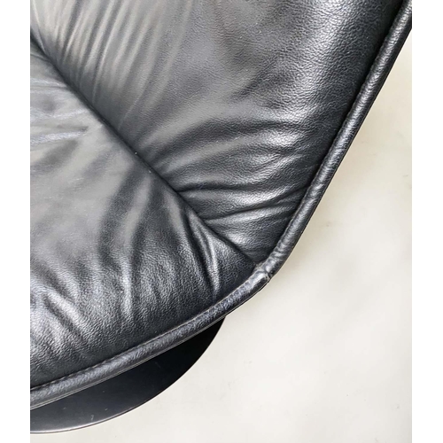 94 - EASY CHAIR, 110cm H, 1970's black leather revolving and reclining on a black metal support.