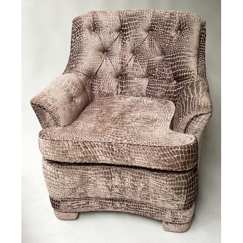 97 - ARMCHAIR, contemporary buttoned cut velvet crocodile pattern two tone taupe, 83cm W.