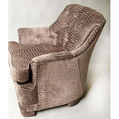 97 - ARMCHAIR, contemporary buttoned cut velvet crocodile pattern two tone taupe, 83cm W.