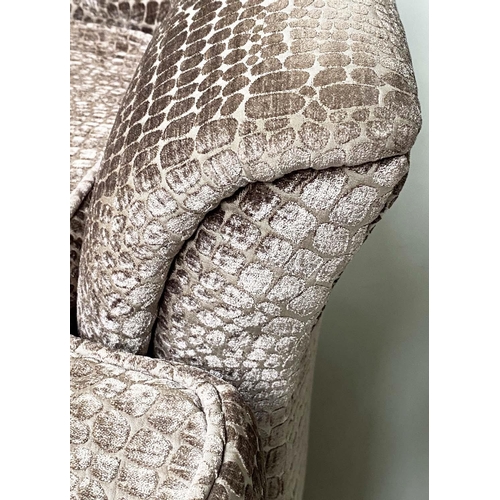 97 - ARMCHAIR, contemporary buttoned cut velvet crocodile pattern two tone taupe, 83cm W.