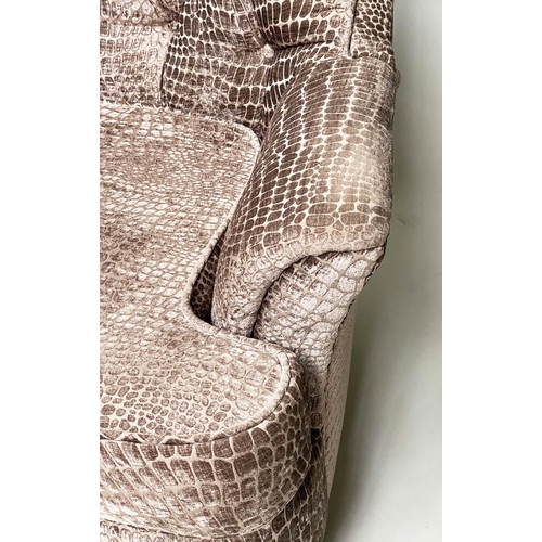 97 - ARMCHAIR, contemporary buttoned cut velvet crocodile pattern two tone taupe, 83cm W.