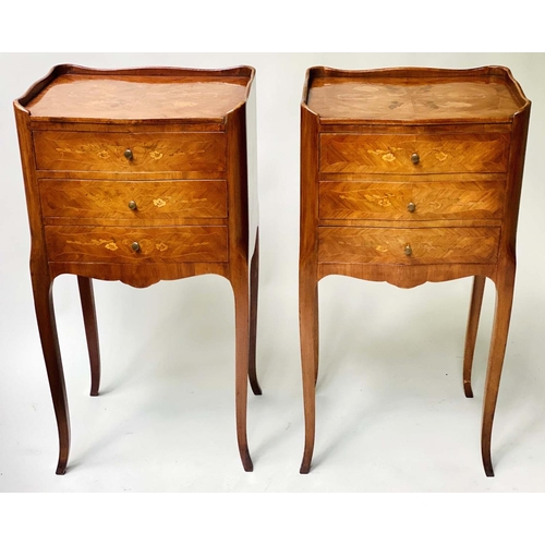 626 - BEDSIDE CHESTS, a pair, French Louis XV style kingwood and marquetry inlay each with three drawers, ... 