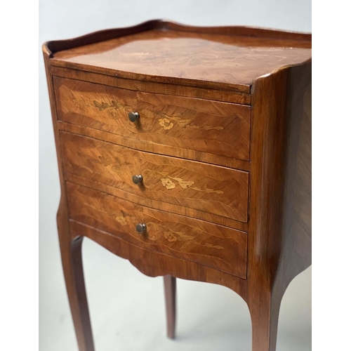 626 - BEDSIDE CHESTS, a pair, French Louis XV style kingwood and marquetry inlay each with three drawers, ... 