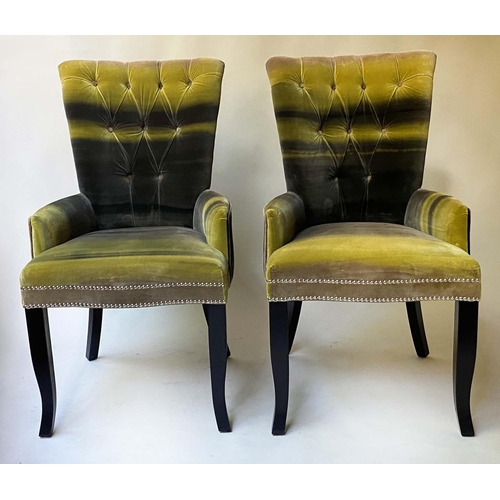 629 - SALON ARMCHAIRS, a pair, printed green and striped velvet with button back and swept supports. (2)