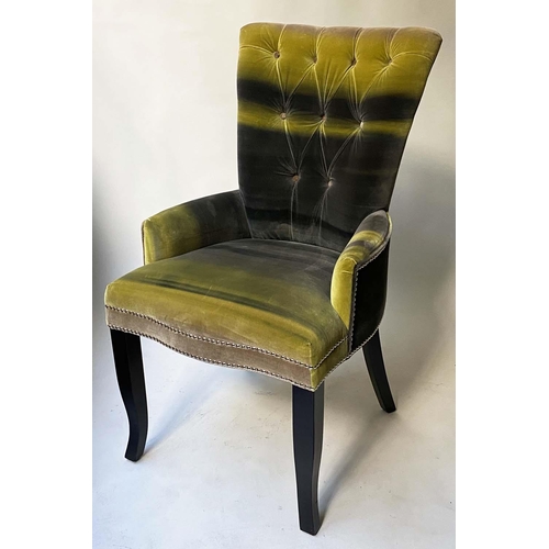 629 - SALON ARMCHAIRS, a pair, printed green and striped velvet with button back and swept supports. (2)