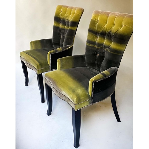 629 - SALON ARMCHAIRS, a pair, printed green and striped velvet with button back and swept supports. (2)