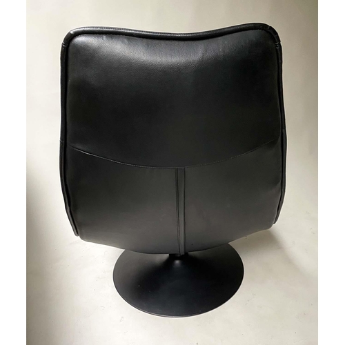 94 - EASY CHAIR, 110cm H, 1970's black leather revolving and reclining on a black metal support.