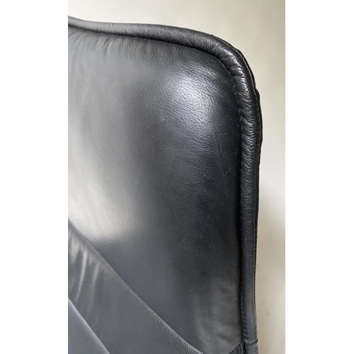 94 - EASY CHAIR, 110cm H, 1970's black leather revolving and reclining on a black metal support.