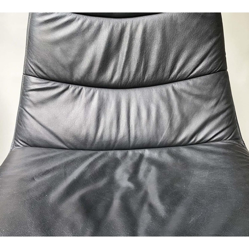 94 - EASY CHAIR, 110cm H, 1970's black leather revolving and reclining on a black metal support.