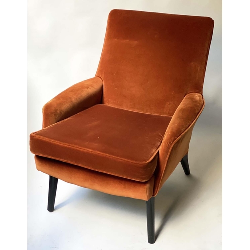 96 - ARMCHAIR, 1960's style orange russet velvet on splay supports, 69cm W.