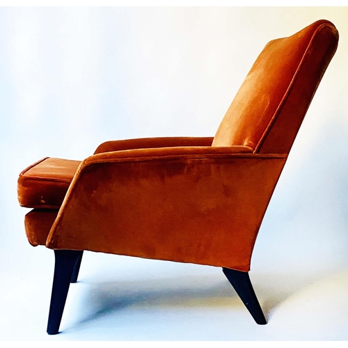 96 - ARMCHAIR, 1960's style orange russet velvet on splay supports, 69cm W.