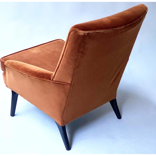 96 - ARMCHAIR, 1960's style orange russet velvet on splay supports, 69cm W.