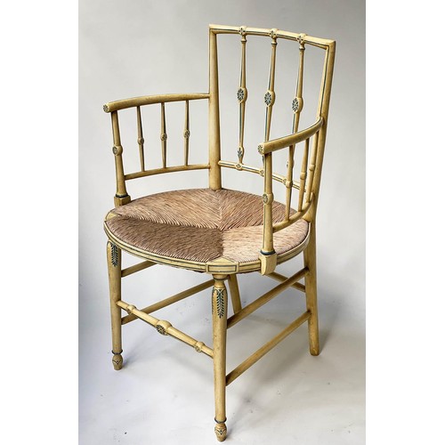 622 - ARMCHAIRS, a pair, Regency style cream painted and decorated with bar backs and rush seats, 53cm W. ... 