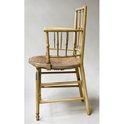 622 - ARMCHAIRS, a pair, Regency style cream painted and decorated with bar backs and rush seats, 53cm W. ... 