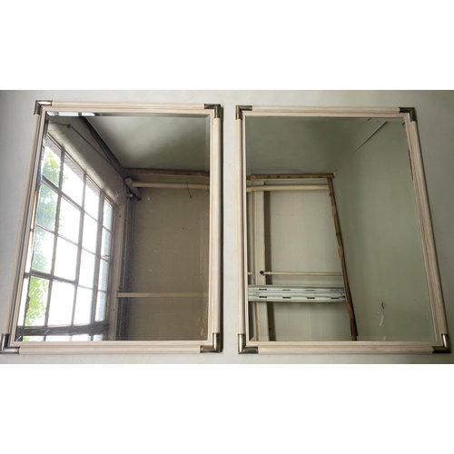 628 - WALL MIRRORS, a pair, rectangular grey painted with bevelled mirror and silvered metal corners, 85cm... 