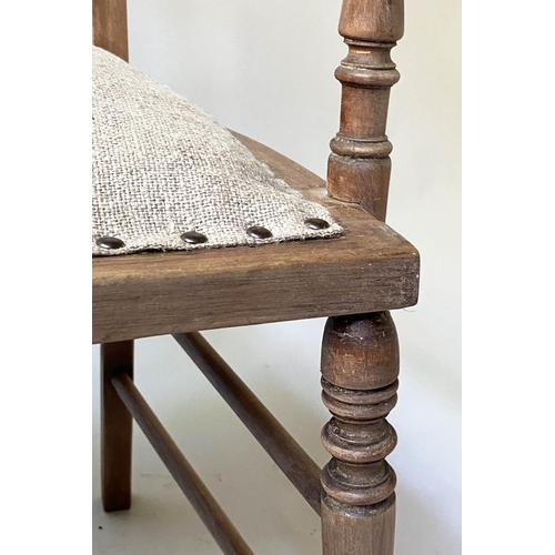 627 - HALL BENCH, early 20th century Edwardian, fruitwood, with pierced splat backs and studded linen seat... 