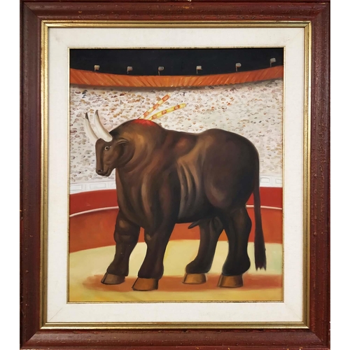 64 - MANNER OF FERNANDO BOTERO, 'Bull in a corrida', oil on canvas laid on board, 61cm x 51cm, framed.