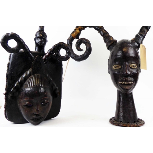 375 - EKPE EKOI MASKS, two, Cameroon, headdress mask, skin covered, 70cm H x 60cm. (2)