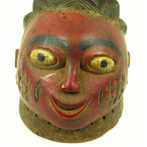 378 - YORUBA GELEDE MASK, Nigeria, carved wood, painted finish (red, yellow), with cooking pot with floral... 