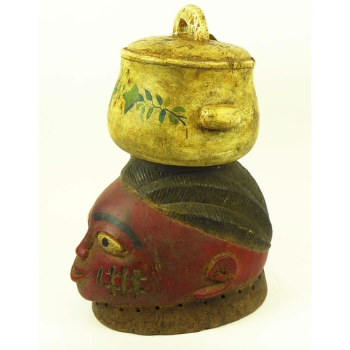 378 - YORUBA GELEDE MASK, Nigeria, carved wood, painted finish (red, yellow), with cooking pot with floral... 