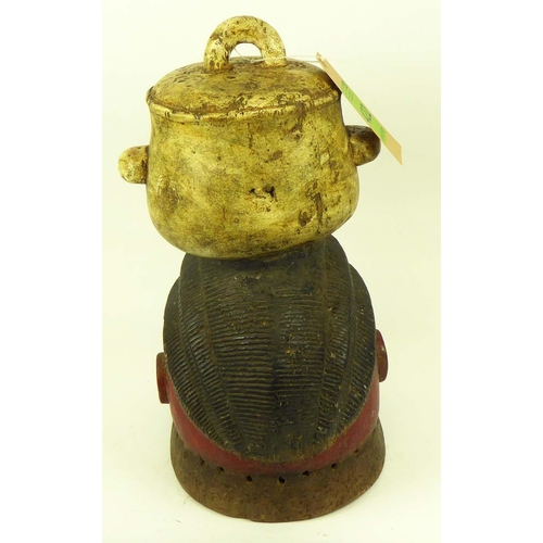 378 - YORUBA GELEDE MASK, Nigeria, carved wood, painted finish (red, yellow), with cooking pot with floral... 