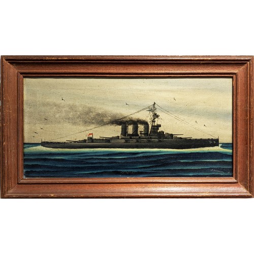 342 - 20TH CENTURY GEOFFREY FLETCHER BRITISH SCHOOL, 'HMS Lion' and 'HMS Tiger', oil on canvas, 19cm x 40c... 