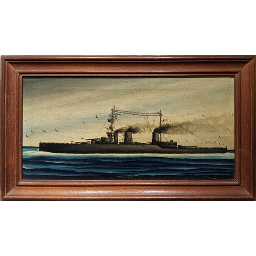 342 - 20TH CENTURY GEOFFREY FLETCHER BRITISH SCHOOL, 'HMS Lion' and 'HMS Tiger', oil on canvas, 19cm x 40c... 