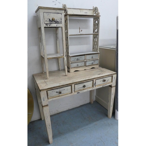 201 - WRITING TABLE, 105cm x 55cm x 81cm H, and tall stand 30cm sq. x 83cm H, and shelves 94cm H x 53cm. (... 