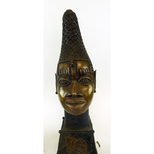 381 - BENIN QUEEN MOTHER HEAD, a pair, Nigeria, bronze, 58cm H x 19cm each. (2)