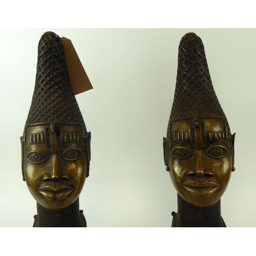 381 - BENIN QUEEN MOTHER HEAD, a pair, Nigeria, bronze, 58cm H x 19cm each. (2)