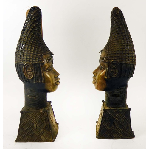 381 - BENIN QUEEN MOTHER HEAD, a pair, Nigeria, bronze, 58cm H x 19cm each. (2)