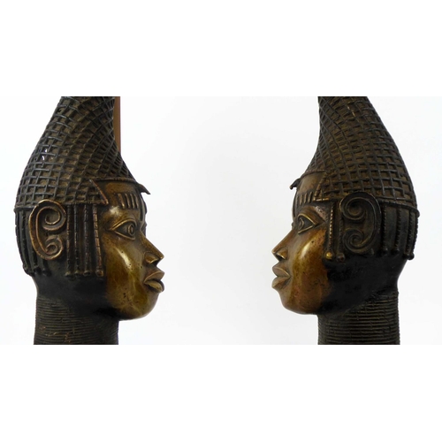 381 - BENIN QUEEN MOTHER HEAD, a pair, Nigeria, bronze, 58cm H x 19cm each. (2)